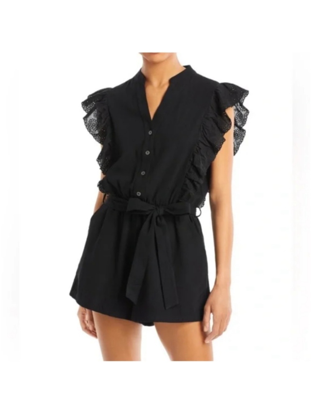 Aqua Black Ruffle-Sleeve Belted Romper